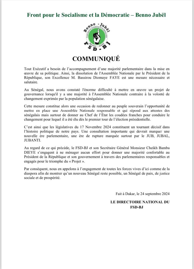 Tout Exécutif a besoin de l'accompagnement d'une majorité parlementaire dans la mise en œuvre de sa politique. Ainsi, la dissolution de l'Assemblée Nationale par le Président de la République, son Excellence M. Bassirou Diomaye FAYE est une mesure nécessaire et salutaire.
Au