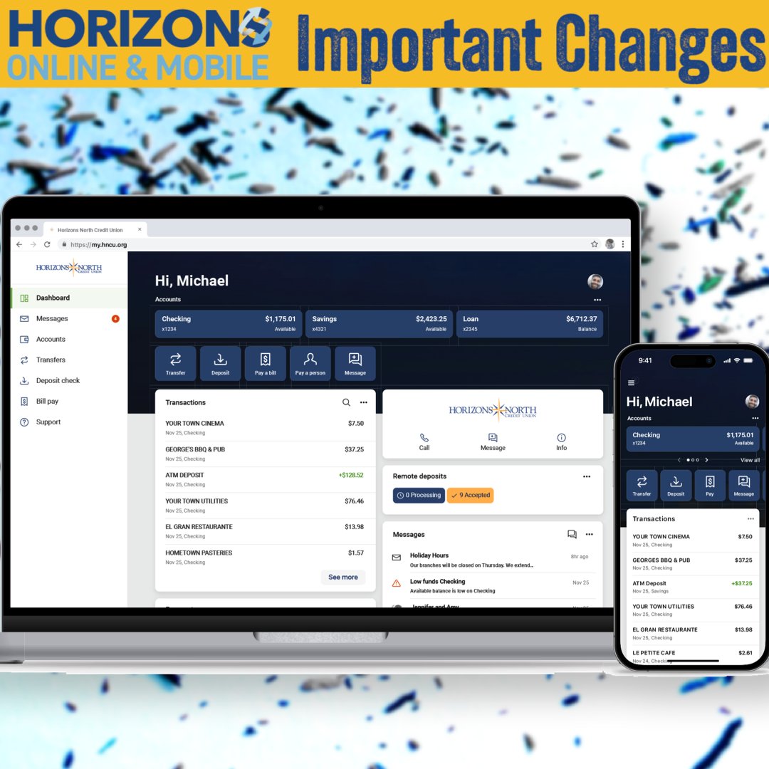 HNCU's tweet photo. 🎉Online &amp; Mobile Banking Upgrade is LIVE! 
🚨To login online or via mobile App, you MUST know your username &amp; password.
🚨All mobile users MUST download our new App, Horizons North CU, from Apple App Store or Google Playstore.

Visit https://t.co/0AWg9dLIJ5 for more info https://t.co/4R28WXau2f