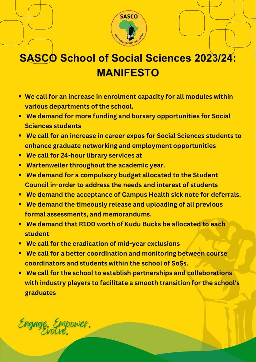 PYAWits's tweet photo. Engage. Empower. Evolve. Choose SASCO to lead you in the School of Social Sciences. Your voice, your power, your future.
🖤💚💛❤️
#VoteSASCO
#LeadWithPurpose #ShapeYourTomorrow #CapacityOnly https://t.co/cfJOdmvp6Z
