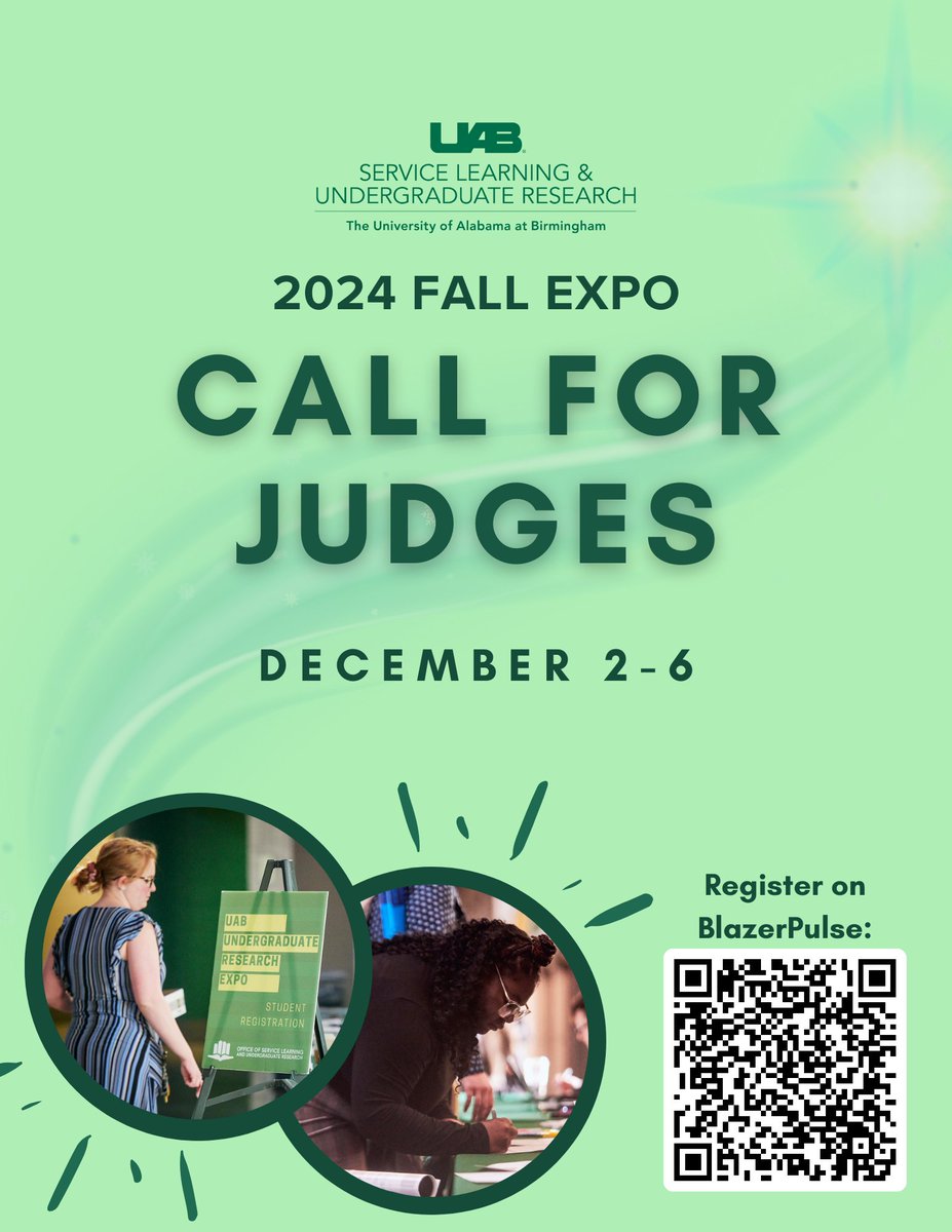 Sign up to judge the Fall #Expo! If you are a superstar🌟 and sign up to judge all three sessions, you will receive an Expo t-shirt, journal, and a special Office of Service Learning and Undergraduate Research tumbler! #UAB

Scan the QR code or visit ⬇️ 
uab.givepulse.com/event/478329