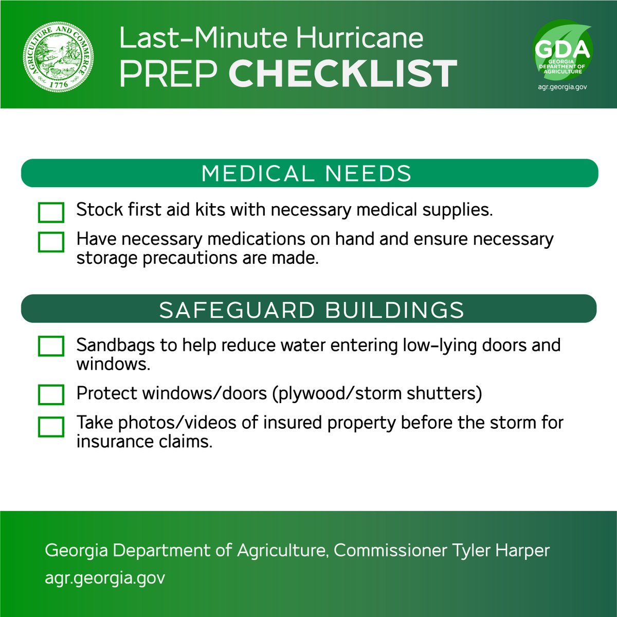 GaDeptAg's tweet photo. As Georgia braces for severe weather in the week ahead, now is the time to prepare. Heavy rainfall, flash flooding, strong winds, and tornadoes could be coming our way. Stay safe and prepare as much as you can! https://t.co/qsuZkRIzo9