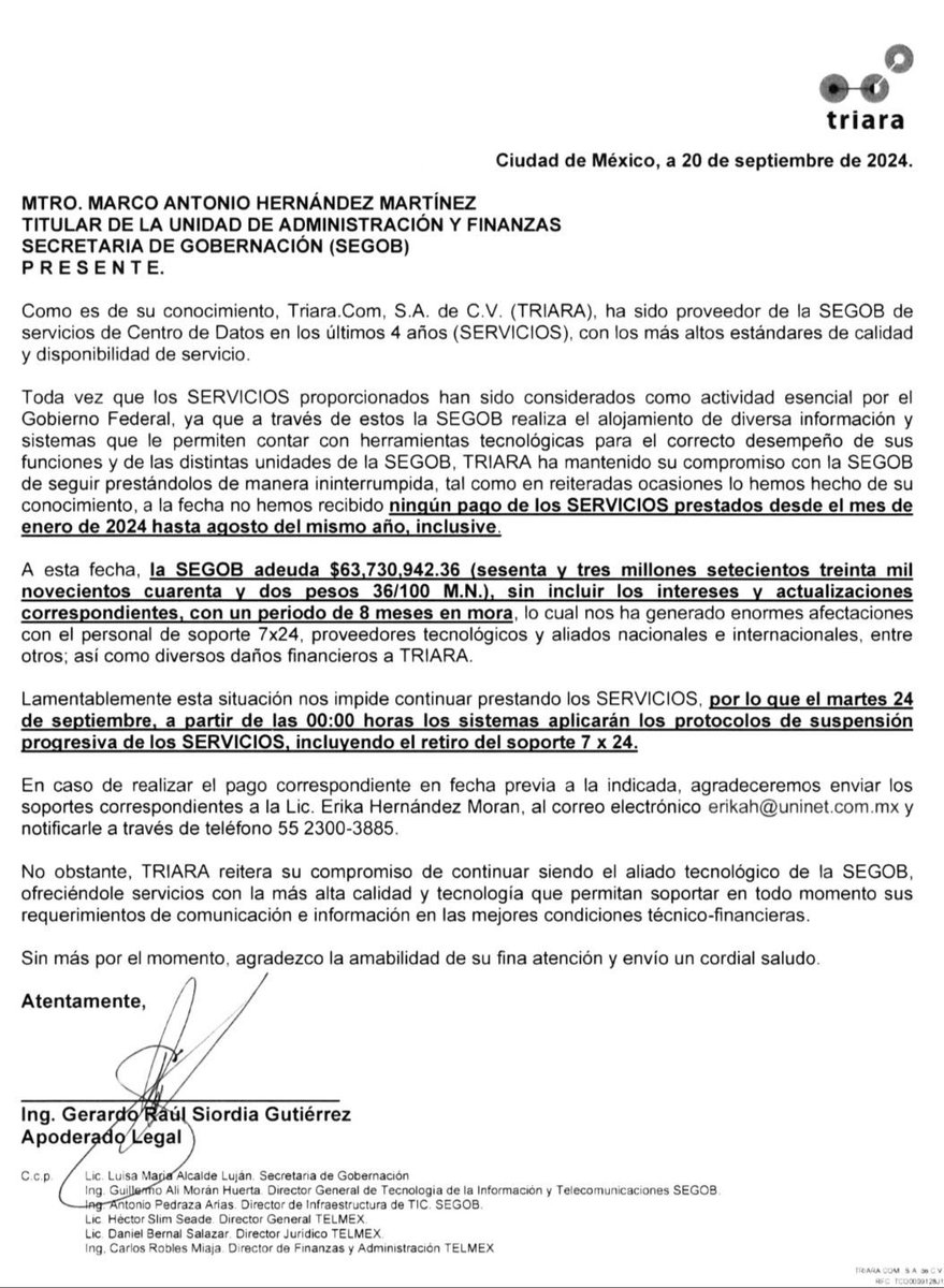 dariocelise's tweet photo. #UltimaHora Desde el primer minuto de este martes @Telmex / #Triara le cortó a @SEGOB_mx los servicios de correo electrónico por exceso de pago. Debe casi 64 millones de pesos. No pagan desde enero. https://t.co/yeWXMmUW3b
