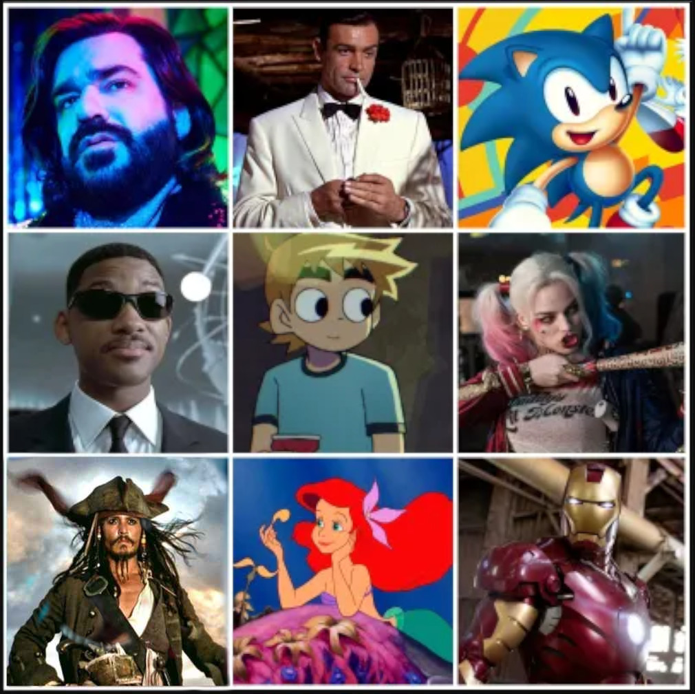 nerdeagram's tweet photo. A handful of #Enneagram7 characters featured on the latest #Nerdeagram! 

#ScottPilgrim #ScottPilgrimTakesOff #CaptainJackSparrow #HarleyQuinn #MargotRobbie #IronMan #TonyStark #MCU #Lazlo #WWDITS #BondJamesBond #SonicTheHedgehog #AgentJ #Ariel #TheLittleMermaid #Pirates https://t.co/S7UvtYRCVo