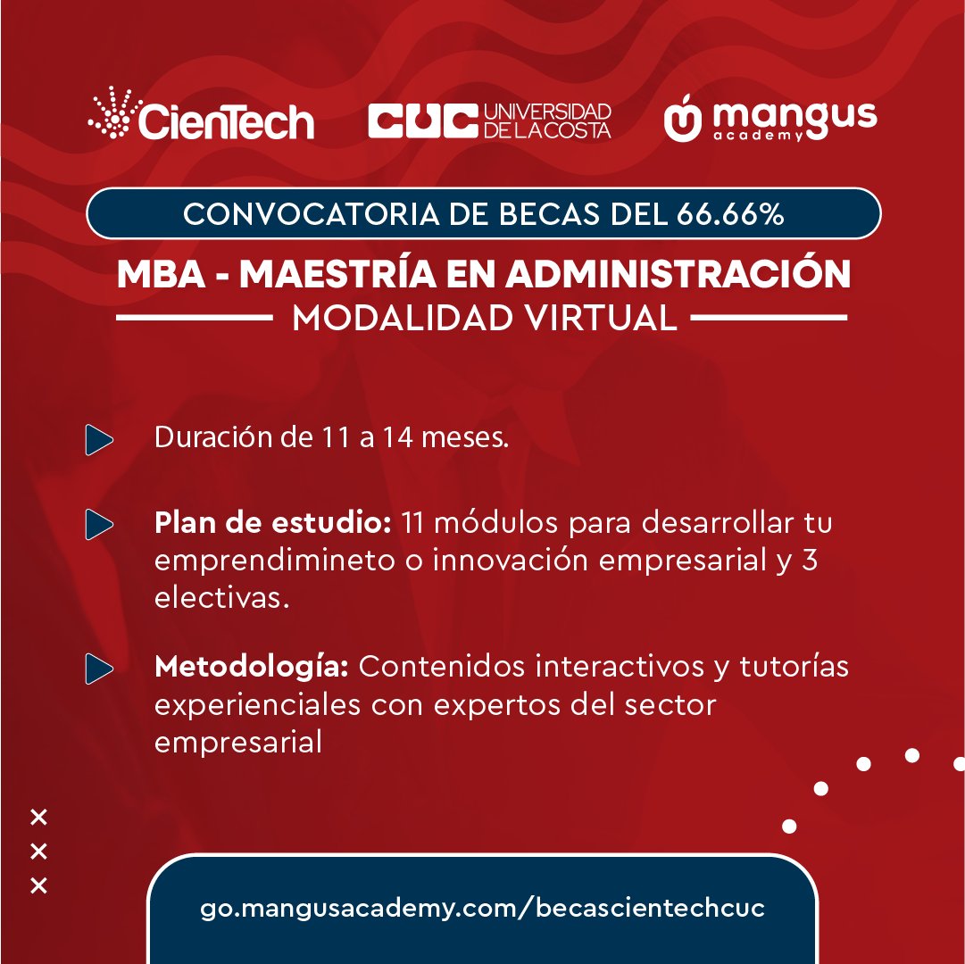 Empresarios MiPyme, esta es tu oportunidad única para acceder a una beca de hasta el 66%🤩

Estudia un MBA - Maestría en Administración modalidad virtual, certificada por <a href="/UniCostaCOL/">Universidad de la Costa</a> con acreditación de alta calidad.

Conoce más aquí: go.mangusacademy.com/becascientechc…
