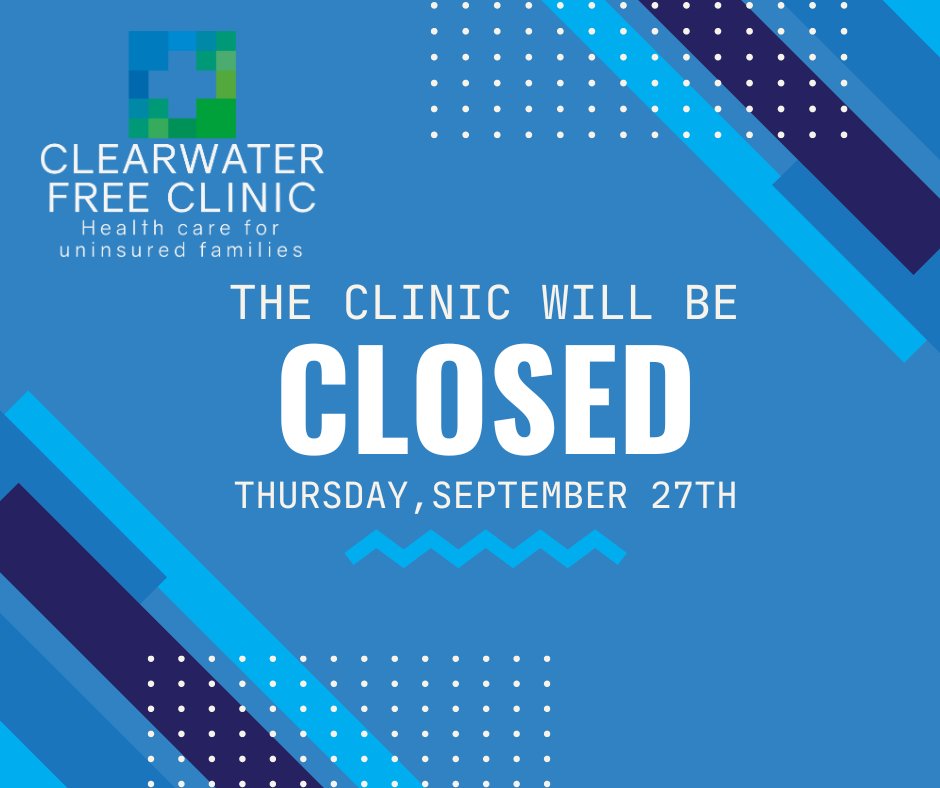 For the safety of staff and patients, Clearwater Free Clinic will be closed Thursday, Sept. 27, due to the approaching storm. Please complete hurricane prep and follow @pinellasgov for updates. Check evacuation zones, sandbags, alerts, and more at disaster.pinellas.gov