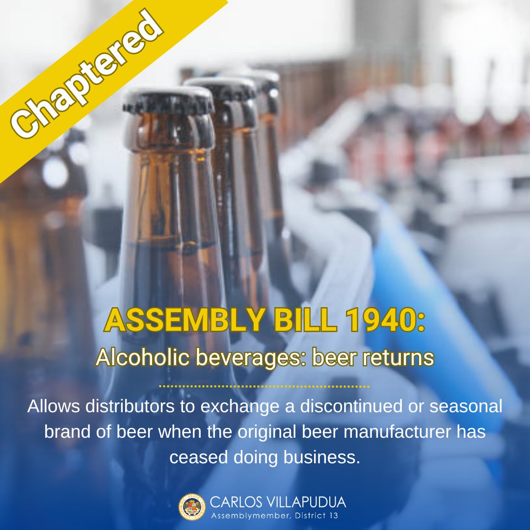 📢 Exciting News! 📢

I am thrilled to announce that AB 1940 has been signed into law! 🎉 This new legislation ensures that consumers can always enjoy the freshest and highest quality beer. 🍻

#AB1940 #FreshBeer #QualityMatters #ConsumerConfidence #LegislationUpdate