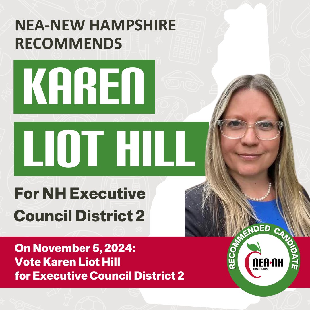 NEA-NH is proud to recommend pro-public education candidate Karen Liot Hill for #NH Executive Council District 2! neanh.org/2024-elections… <a href="/NHkaren/">Karen Liot Hill</a> #NHPolitics