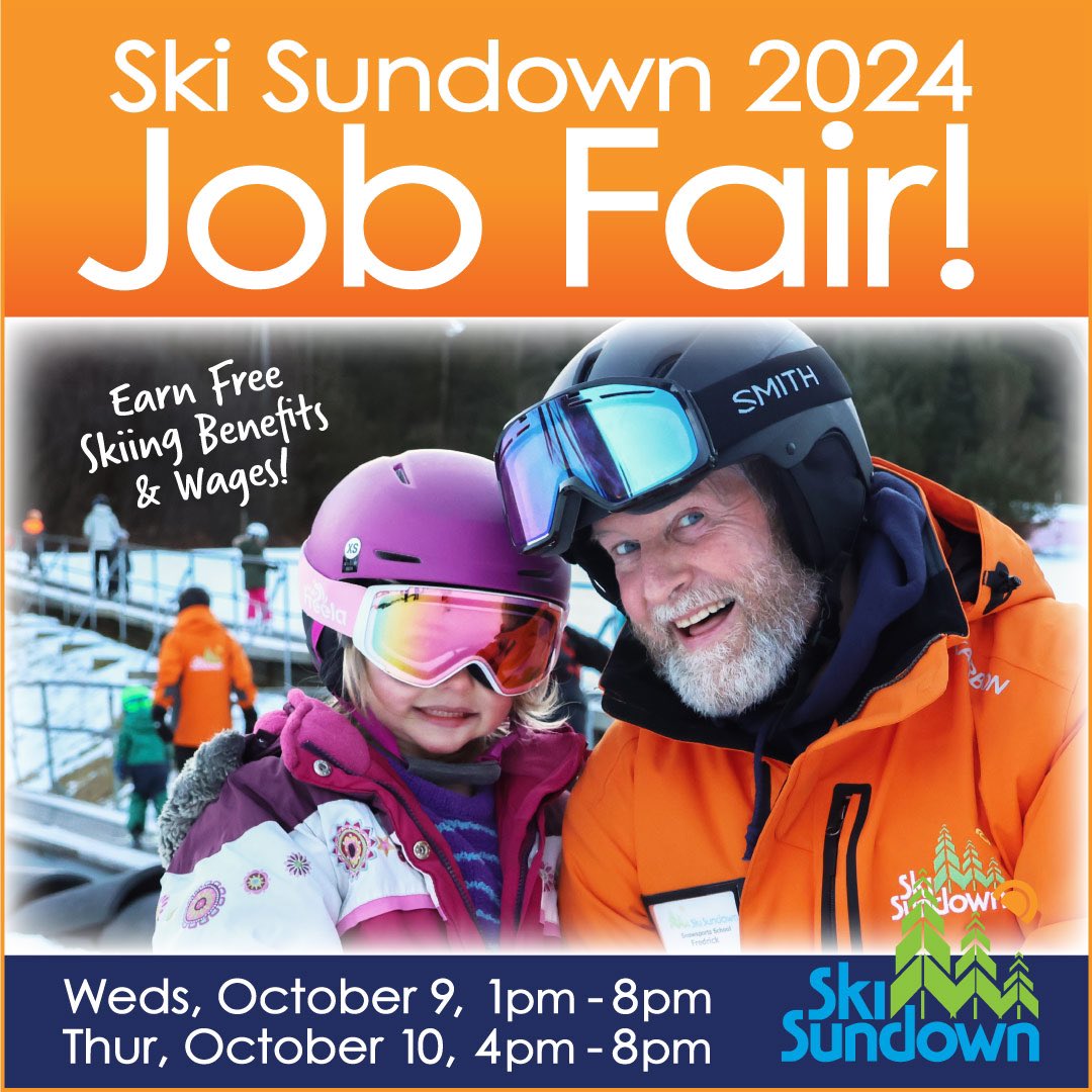 Mark your calendars! Our Job Fair will be held Oct 9th, 1pm-8pm and Oct 10th, 4pm-8pm. We have full &amp; part-time positions available in all departments; all offering competitive wages AND skiing benefits. For a list of available positions, visit skisundown.com.