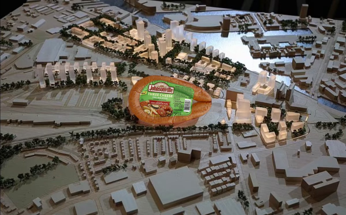loftybroon's tweet photo. The new Old Trafford regeneration looks a bit tasty. Labour really do love sausages #OldTrafford #smokedsausage #Labour https://t.co/ko9uyXxsKY