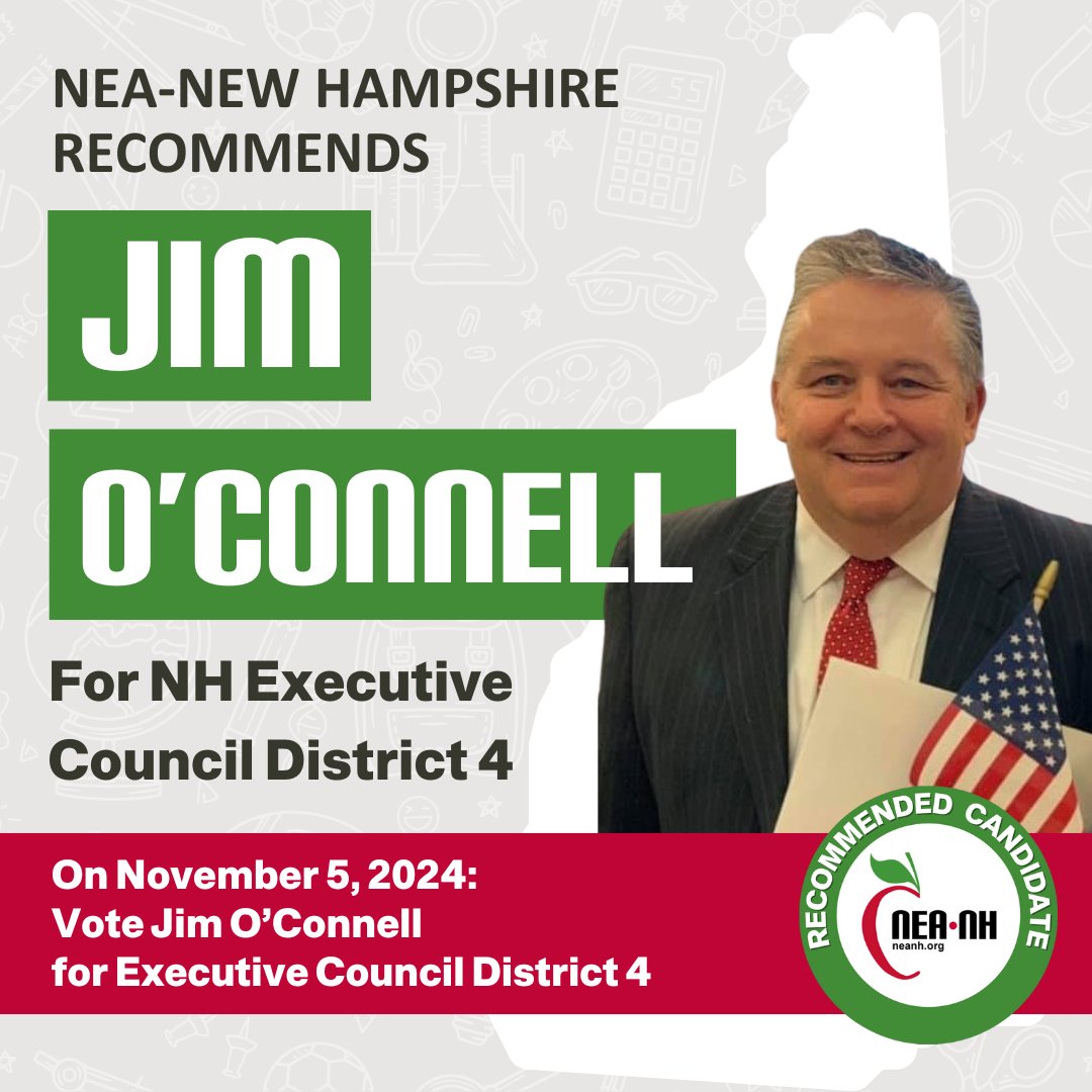 NEA-NH is proud to recommend pro-public education candidate <a href="/2JimOConnell/">Jim O’Connell for NH</a>
for #NH Executive Council District 4! neanh.org/2024-elections… #NHPolitics