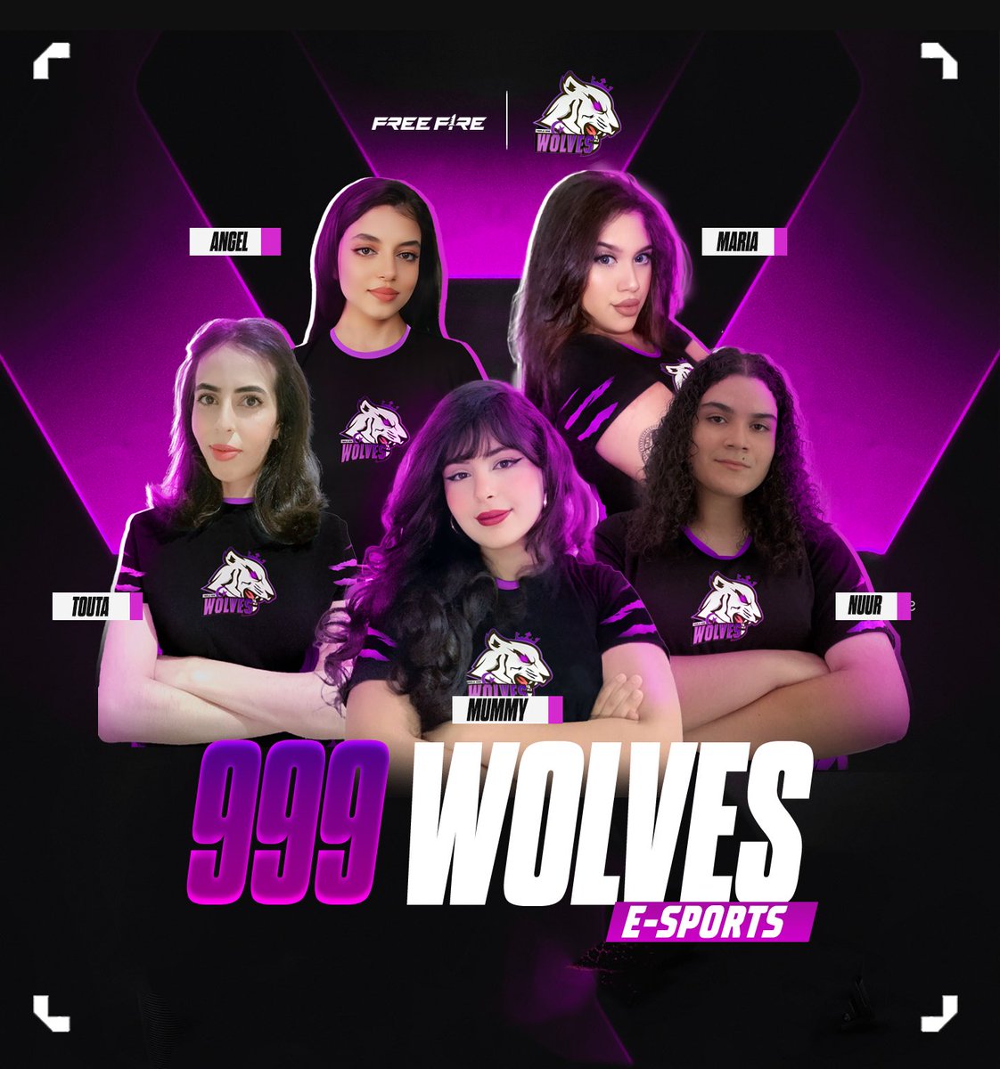 mummy_tn's tweet photo. INTRODUCING MY NEW TEAM 🦋💜
TRPL9 WOLVES 🇹🇳
WE’RE BACK TO WIN THE FFLCUP AGAIN !🫦
#freefire 
#ffc https://t.co/iK6xQSp4KI