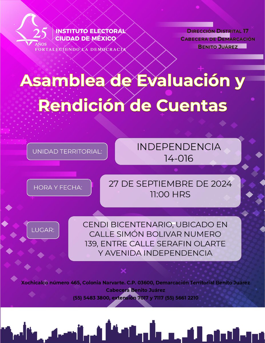 Distrito17IECM's tweet photo. Se invita cordialmente a los vecinos de la Unidad Territorial de INDEPENDENCIA a participar en la asamblea que tendremos el día 27 de septiembre del año en curso a las 11:00 horas, ¡NO FALTEN! #ConParticipacionTodoFunciona #democracia #iecm #cdmxlife #distrito17iecm https://t.co/bksQftARao