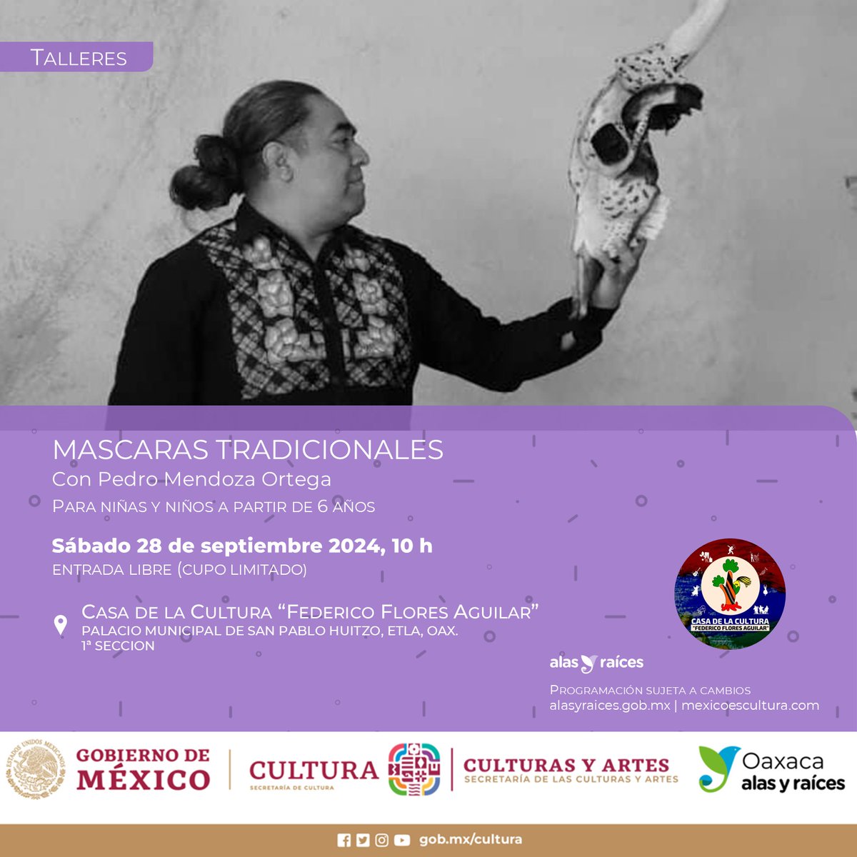 SECULTA_GobOax's tweet photo. No te pierdas el taller de Máscaras tradicionales, con Pedro Mendoza Ortega. Este sábado 28 de septiembre, en San Pablo Huitzo.
Consulta los detalles 👇
La cultura es para todas y todos.
#AlasYRaices https://t.co/fPwNZSm7Z6