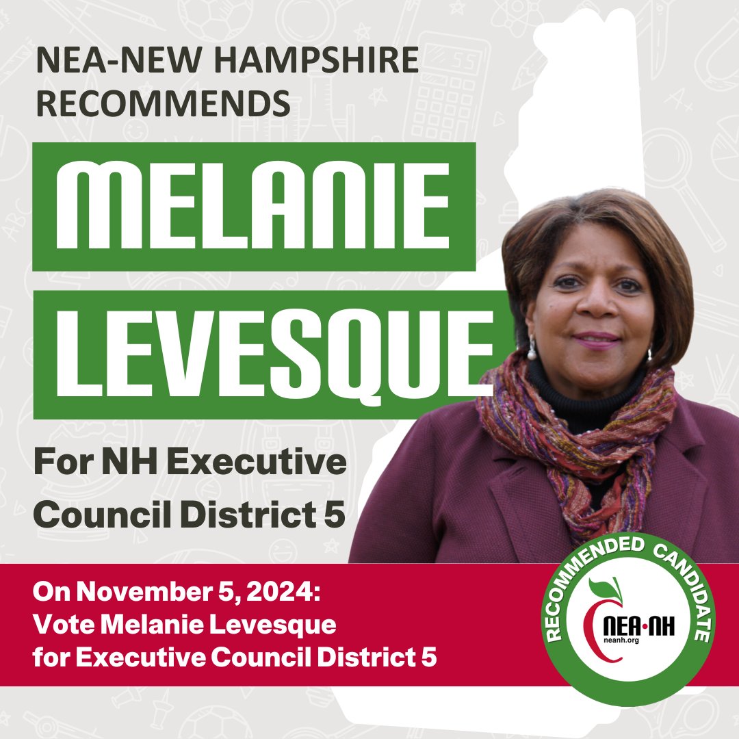 NEA-NH is proud to recommend pro-public education candidate Melanie Levesque for #NH Executive Council District 5! neanh.org/2024-elections… <a href="/Melanie4NH/">Melanie Levesque</a> #NHPolitics