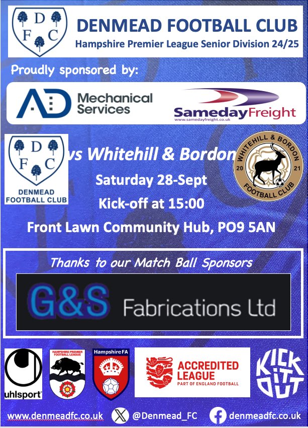 Denmead Football Club (@denmead_fc) on Twitter photo This Saturday sees us welcome <a href="/BordonFc/">Whitehill & Bordon FC</a> to Front Lawn. Please come down to show your support.
๐๏ธ Front Lawn, Somborne Drive, PO9 5AN
โฝ๏ธ 3pm k.o.
โ๏ธ Refreshments available
Big thanks to our match ball sponsor G&S Fabrications. This Saturday sees us welcome <a href="/BordonFc/">Whitehill & Bordon FC</a> to Front Lawn. Please come down to show your support.
๐๏ธ Front Lawn, Somborne Drive, PO9 5AN
โฝ๏ธ 3pm k.o.
โ๏ธ Refreshments available
Big thanks to our match ball sponsor G&S Fabrications.
