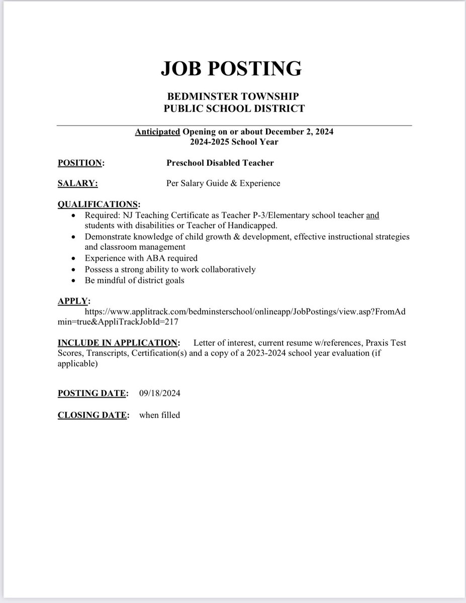 #Bedminster Township School is seeking qualified and amazing candidates for our Preschool Disabled Teacher position!