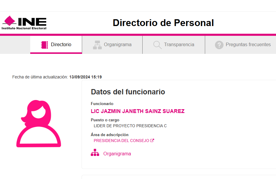 Alephbio's tweet photo. La Pdta. del Consejo Gral. del INE, Guadalupe Taddei Zavala, nombró como Lideresa de Proyecto Presidencia del INE, a Jazmín Janeth Sainz Suarez, amiga de su hijo León Piñeda Taddei. Percibe un sueldo neto de $50,628.75 

Link. https://t.co/5Tjnr0Fa9s
Link. https://t.co/PEacoKnRTW https://t.co/NXUCsuWhh0