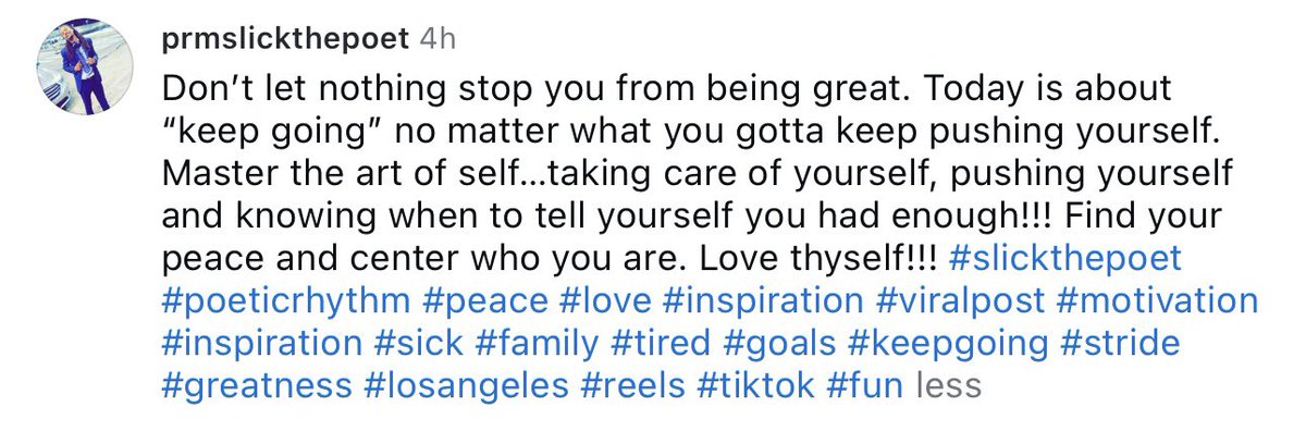 PRMSlickThePoet's tweet image. Continue to be great each and every day !!   

#slickthepoet #poeticrhythm #peace #love #inspiration #viralpost #motivation #inspiration #sick #family #tired #goals #keepgoing #stride #greatness #losangeles