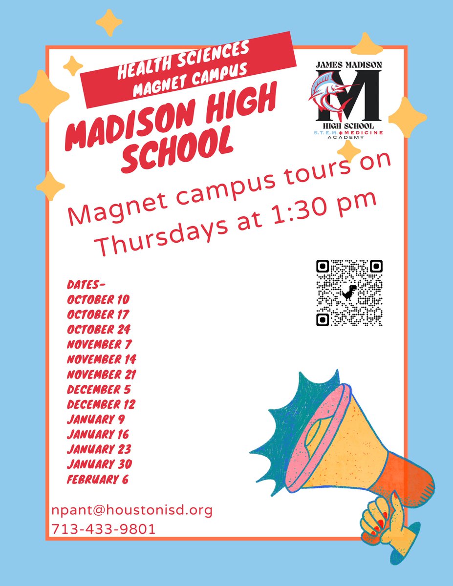 We are excited to share that magnet campus tours start on October 10th &amp; will be available every Thursday at 1:30 pm. No sign up needed, just walk in! Our ROTC student leaders will give you a glimpse inside some classrooms, don't miss it #JMHS #MarlinNation @HISDChoice
