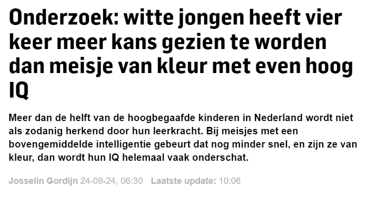 demo_demo_nl's tweet photo. Je kunt hieruit niet zonder meer discriminatie op afkomst afleiden.
Aziaten zijn ook 'van kleur' en bij hen wordt hoogbegaafdheid juist relatief vaak 'gezien'.
Bovendien bevat de 'achtergestelde' categorie ook grotendeels blank Noord-Amerika en Oceanië.
En dan nog: de absolute aantallen met top 5% hoogste IQ in dit onderzoek moeten erg klein zijn. Hoe klein weet ik nog niet exact. Ik heb Scaliq gemaild om het na te vragen. Ben benieuwd!
https://t.co/k8NcJ2PjMi