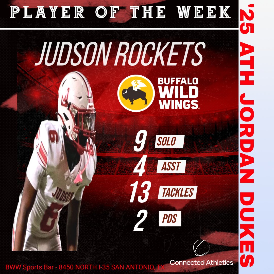 Anthony Williams (@awilliamsusa) on Twitter photo 🚨 **Buffalo Wild Wings Player of the Week** 🚨
Big congratulations to '25 ATH <a href="/JDukes30/">Jordan Dukes</a> from <a href="/JudsonFootball/">Judson Football</a>! 🏆Jordan made a massive impact with 13 total tackles (9 solo), 2 pass deflections, and leadership on every snap! His dominance on the field is just one part of the 🚨 **Buffalo Wild Wings Player of the Week** 🚨
Big congratulations to '25 ATH <a href="/JDukes30/">Jordan Dukes</a> from <a href="/JudsonFootball/">Judson Football</a>! 🏆Jordan made a massive impact with 13 total tackles (9 solo), 2 pass deflections, and leadership on every snap! His dominance on the field is just one part of the