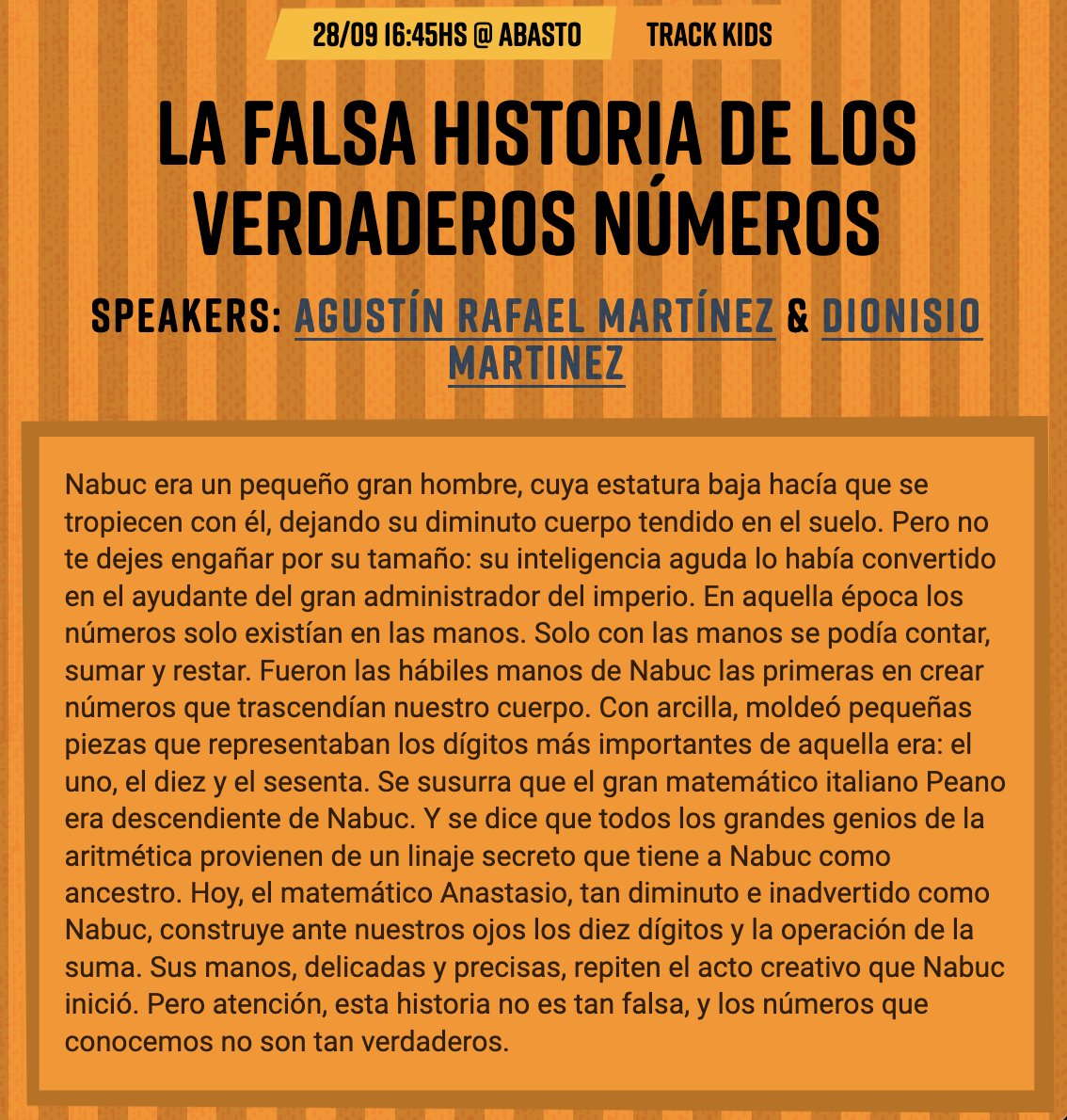 Todos invitados a mis shows gratuitos para chicos en el Konex #Nerdearla el Sábado 28/9

•⁠ ⁠16hs La Alucinante Aventura del Científico Loco ...

•⁠ ⁠16.45 La Falsa Historia de los Verdaderos Números

Usaremos el nuevo lenguaje de programación visual represent.ar