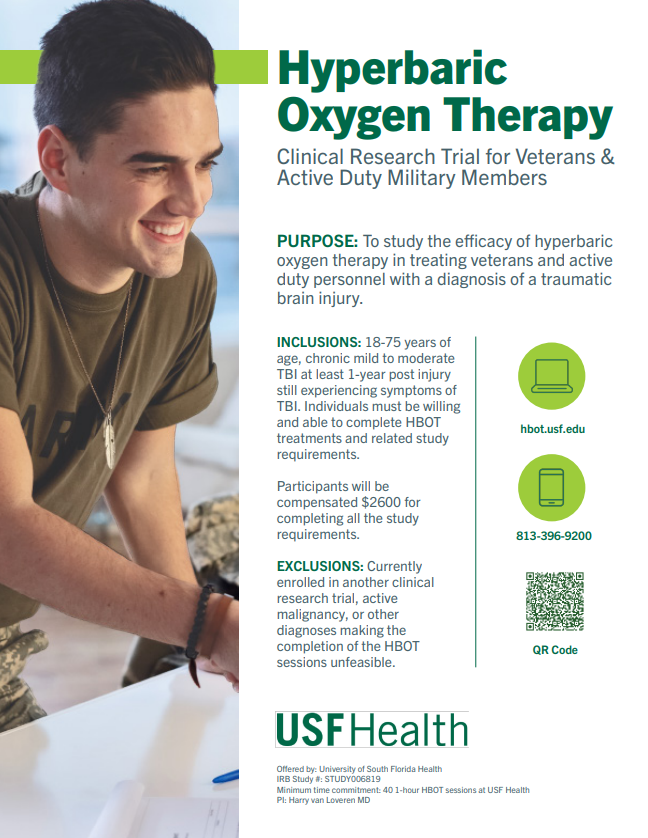 Exciting News for Veterans &amp; Military! 🚨

Our new clinical trial is now open for recruitment! We're studying hyperbaric oxygen therapy (#HBOT) to treat mild to moderate #TBI in #Veterans &amp; active duty #Military personnel.

📍 #Tampa/#Orlando

🔗 Learn more: Link in bio
