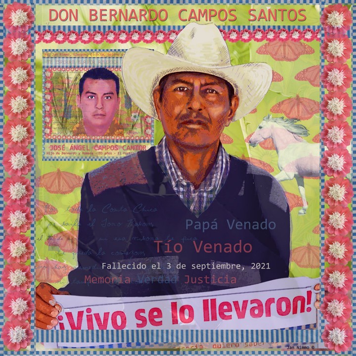 NimmoJan's tweet photo. Bernardo Campos Santos went to his grave without knowing what happened to his son. This portrait is my tribute to him on the 10th anniversary of the Mexican State forcibly disappearing 43 students and torturing &amp; murdering 3 students. It was &amp; is an atrocity. 

#Ayotzinapa10años https://t.co/S9TVFB1XyF