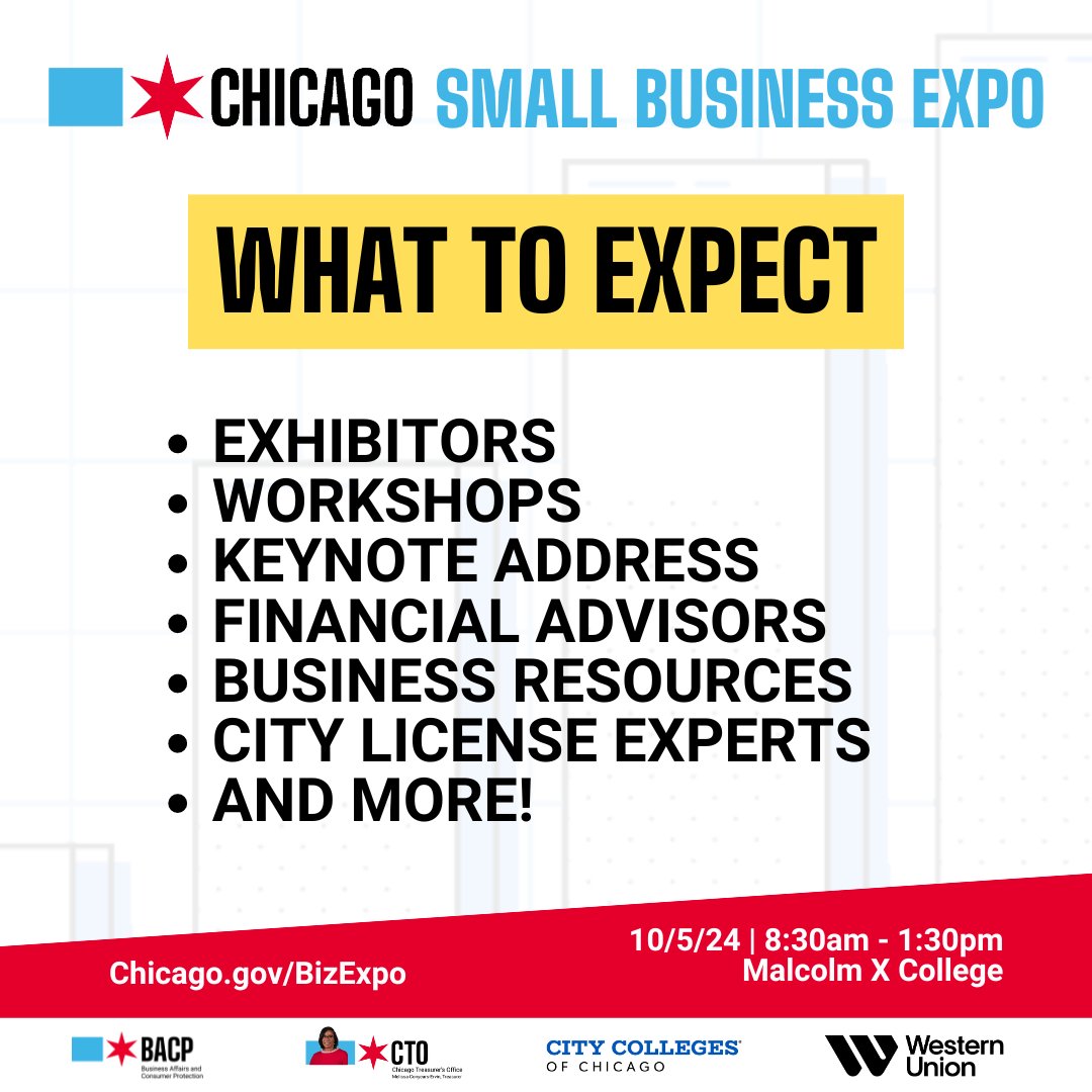 BACP's final #ChiSmallBizExpo of the year will be taking place Saturday, Oct 5 at Malcolm X College!

This award-winning expo series offers business resources, workshops &amp; networking opportunities for Chicago’s small business community. More: Chicago.gov/BizExpo