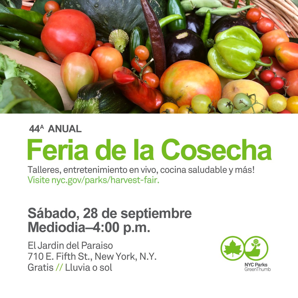 Join <a href="/NYCParks/">NYC Parks</a> GreenThumb and community gardeners this Saturday in the LES to celebrate the start of fall with workshops, live entertainment, healthy cooking demonstrations, &amp; more! For the full schedule, visit nyc.gov/parks/harvest-….