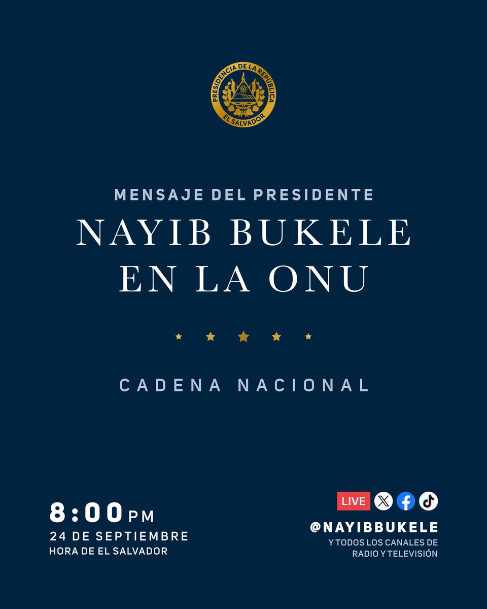 Casa Presidencial 🇸🇻 (@presidenciasv) on Twitter photo Sintoniza el mensaje del Presidente <a href="/nayibbukele/">Nayib Bukele</a> ante la Asamblea General de la <a href="/ONU_es/">Naciones Unidas</a>.
🕗 8:00 p.m.
📺 Radio y televisión
💻 Facebook, X y TikTok live: <a href="/nayibbukele/">Nayib Bukele</a>
#BukeleONU
#UNGA Sintoniza el mensaje del Presidente <a href="/nayibbukele/">Nayib Bukele</a> ante la Asamblea General de la <a href="/ONU_es/">Naciones Unidas</a>.
🕗 8:00 p.m.
📺 Radio y televisión
💻 Facebook, X y TikTok live: <a href="/nayibbukele/">Nayib Bukele</a>
#BukeleONU
#UNGA