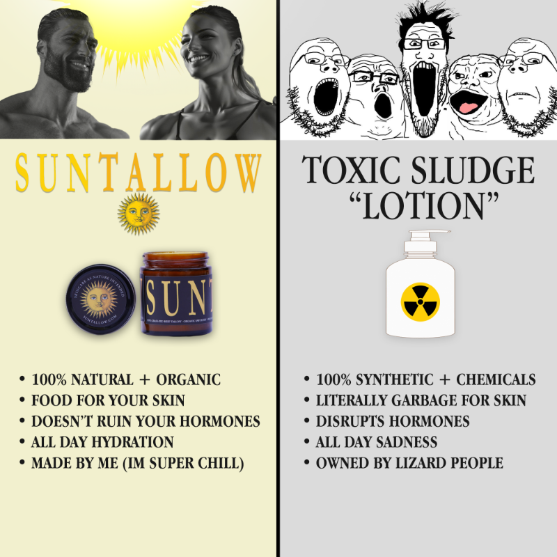SunTallowBalm's tweet photo. Are you still rubbing toxins on your skin, anon?

Time to ditch it lol

My tallow balm is the only one on the market made with certified organic tallow from regenerative farms.

+ skin-loving ingredients like mango, carrot oil, and the rare buriti oil.

All organic. All natural.