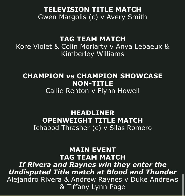 The full lineup has been released for LIVE! From Windsor. The final show before Blood &amp; Thunder.

19 bastard matches!!

Openweight Title on the line.

A champion vs champion showcase.

And more.

Let’s have it.

fivelakesfed.boards.net/thread/323/liv…