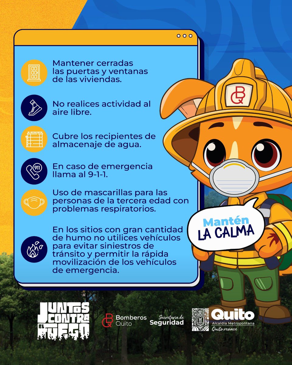 MunicipioQuito's tweet photo. 🌳🤝 #JuntosContraElFuego | Presta atención a estas recomendaciones para protegerte del humo de los incendios forestales. 

Contigo seguro, #QuitoRenace https://t.co/fGI3KpnifC
