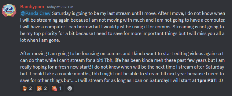 Ambypom's tweet photo. Updateeee!

Saturday is going to be my last stream until I move. I will start at 1pm PST and will stream as long as I can! After moving I am probably going to not be streaming for a couple months https://t.co/A3GdFEox4R