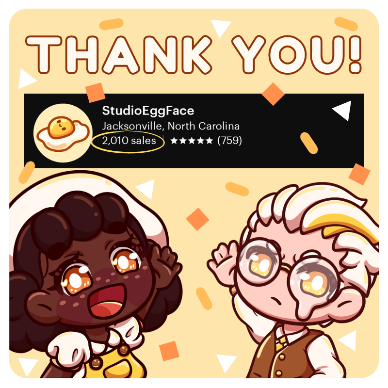 StudioEggFace's tweet photo. WE'VE MADE OVER 2,000 SALES ON OUR ETSY!

HOLY SHIT!

We hit this milestone so much quicker than we ever thought we would!

It really warms our hearts and we seriously can't thank y'all enough!

Thank you all from the bottom of our eggy hearts!
🥚💛🥚💛 https://t.co/z8ltFpufR3