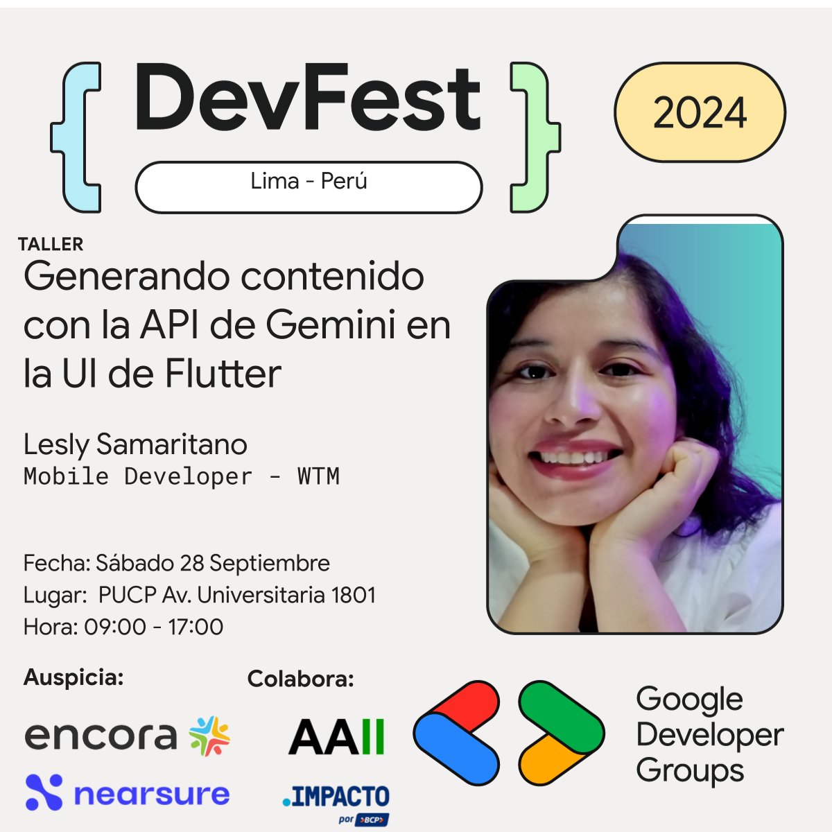 gdglima's tweet photo. #ponentes 
Lesly Samaritano, es #wtm . Labora desarrolladora creando aplicaciones móviles con Flutter.Realizará el taller Generando contenido con la API de Gemini en la IU de Flutter
+info: https://t.co/ePkgNGsXQu

#DevfestLima #devfest #GDGLima  #devfestlima2024 #devfestlima24 https://t.co/uDc9CxQTfA