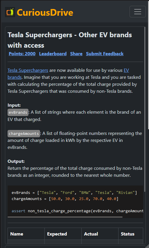 curious_drive's tweet photo. Calculate the percentage of Tesla Supercharger usage by non-Tesla  EVs in this coding challenge. Solve real-world problems with arrays and logic.

https://t.co/6cK4HBKX7A

@Tesla @TechCrunch #coding #problem https://t.co/y1OKMj7RSQ