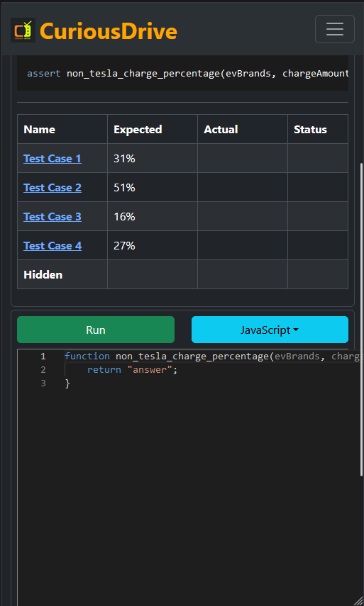 Calculate the percentage of Tesla Supercharger usage by non-Tesla  EVs in this coding challenge. Solve real-world problems with arrays and logic.

curiousdrive.com/codingproblem/…

<a href="/Tesla/">Tesla</a> <a href="/TechCrunch/">TechCrunch</a> #coding #problem
