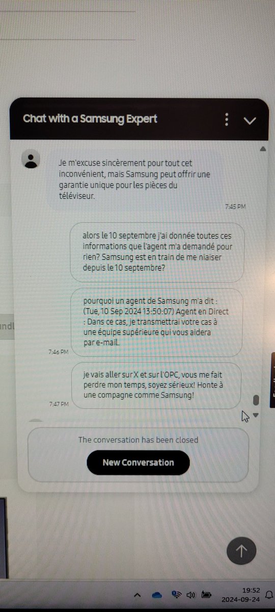 cla258's tweet photo. Pensez deux fois avant d'acheter un produit @SamsungCanada @Samsung 
6. Alors, je me demande comment il fait Samsung pour avoir les culots de niaiser comme ça les clients? Les agents dans le chat disent de choses juste pour se débarrasser des clients? https://t.co/UHr4qPknHz