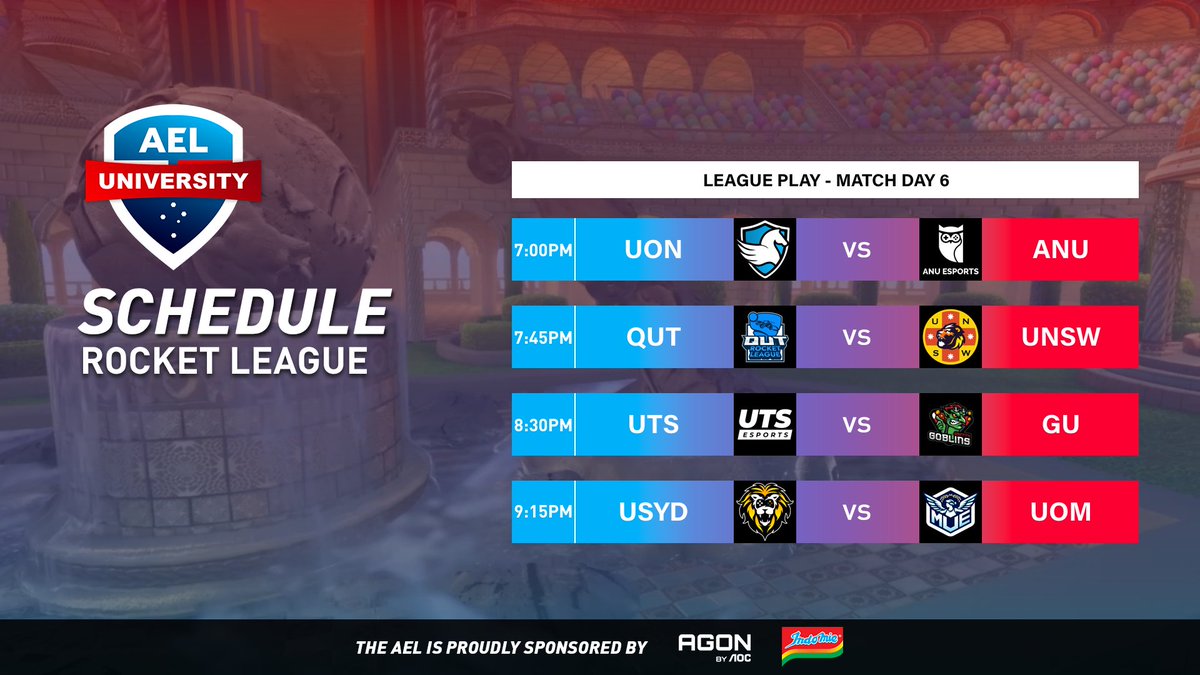 Australian Esports League (@auesportsleague) on Twitter photo Two more weeks to go! How will Match Day 6 turn out?
🔴6:45PM AEST
📺twitch.tv/auesportsleague
🎙️<a href="/formalcasting/">max vonneumann</a> & <a href="/QueenMorgie_/">QueenMorgie</a>
🎬<a href="/BkWhatOCE/">Bk</a> & <a href="/OliKiwii/">Olii</a>
The AEL is proudly sponsored by <a href="/AGONbyAOC/">AGON by AOC</a> and <a href="/Indomielovers/">Indomie</a> Two more weeks to go! How will Match Day 6 turn out?
🔴6:45PM AEST
📺twitch.tv/auesportsleague
🎙️<a href="/formalcasting/">max vonneumann</a> & <a href="/QueenMorgie_/">QueenMorgie</a>
🎬<a href="/BkWhatOCE/">Bk</a> & <a href="/OliKiwii/">Olii</a>
The AEL is proudly sponsored by <a href="/AGONbyAOC/">AGON by AOC</a> and <a href="/Indomielovers/">Indomie</a>