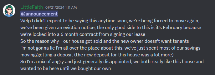 Just to give you all an update, I'm going to be doing my best still to stream but yeah. It's not a nice place to be in