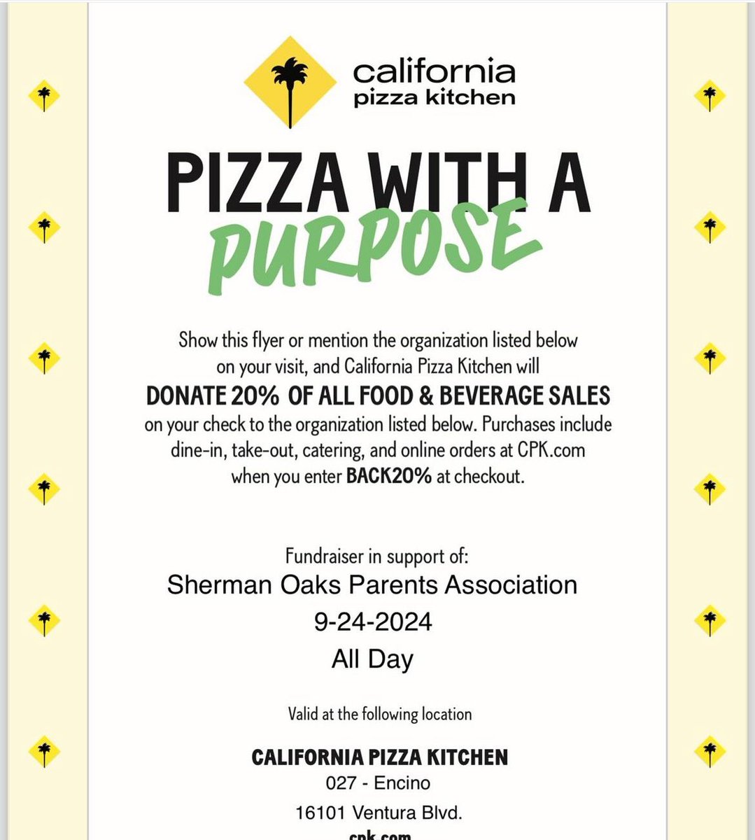 Join us tonight, 9/24, for family night at CPK 🍕🍕. To support our enrichments, 20% of all food and beverage sales will be donated to SOPA🧡💙🐯 <a href="/LAUSD_Achieve/">Los Angeles Unified Division of Instruction</a> <a href="/ScottAtLAUSD/">Scott M. Schmerelson</a> <a href="/LASchoolsNorth/">LAUSD Region North</a> <a href="/ScottAtLAUSD/">Scott M. Schmerelson</a> <a href="/LAUSDSup/">Alberto M. Carvalho</a>