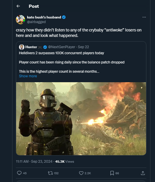 1stPlayerCarl's tweet photo. This has nothing to do with "anti-woke losers" and everything to do with frequent updates in-line with the 60-Day Roadmap.
Literally as stated from the announcements and patches, including #Buffdivers
Stop talking about games you're refusing to play because of "THE CHUDS!" https://t.co/xnmFu4HuhL