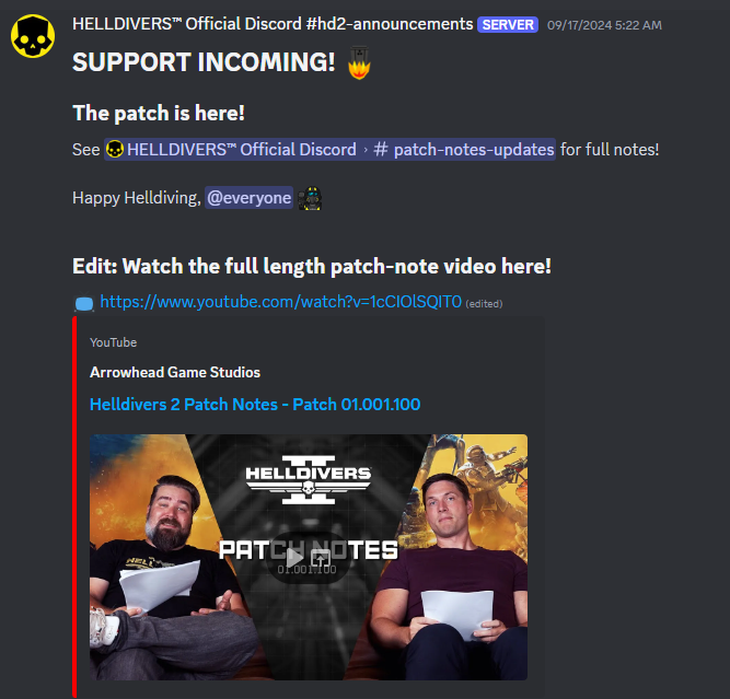 1stPlayerCarl's tweet photo. This has nothing to do with "anti-woke losers" and everything to do with frequent updates in-line with the 60-Day Roadmap.
Literally as stated from the announcements and patches, including #Buffdivers
Stop talking about games you're refusing to play because of "THE CHUDS!" https://t.co/xnmFu4HuhL