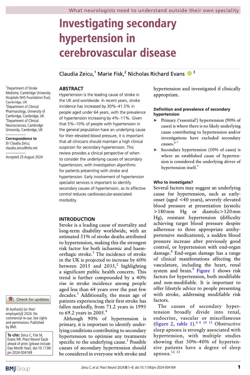 nr_evans's tweet image. Well done to @ClaudiaZeee on her @PracticalNeurol  review discussing the causes of secondary hypertension in cerebrovascular disease - worth checking out for an overview of how to approach its investigation and management.

@CamStroke