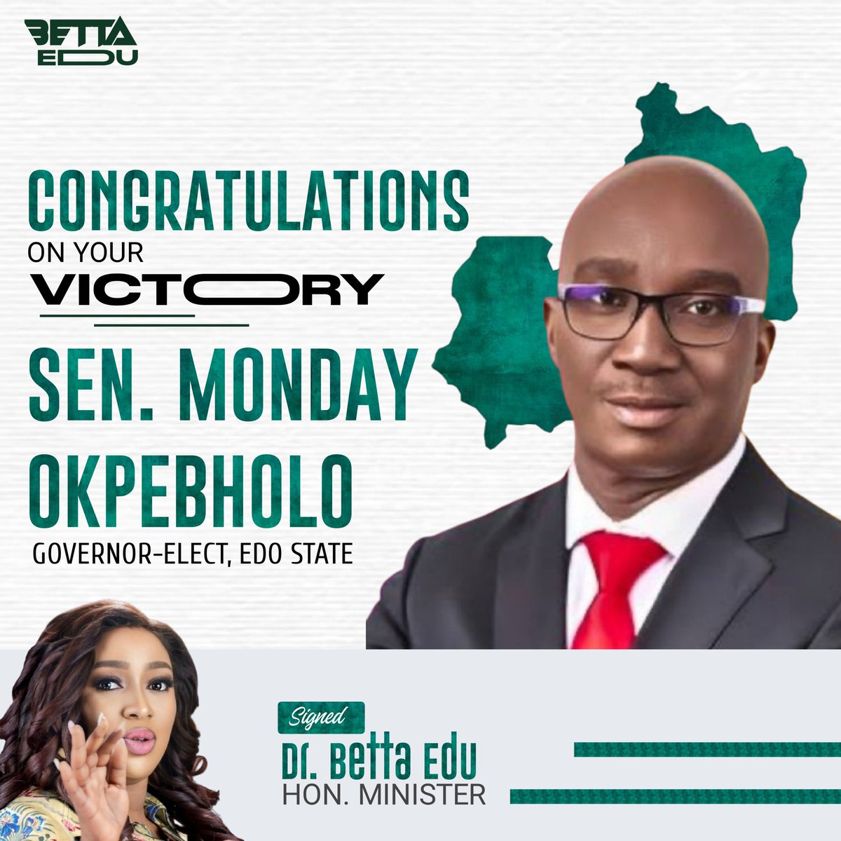 BettaVirtual's tweet photo. HM, Dr. @edu_betta Congratulations to the Governor-elect, Sen. @SenOkpebholo, on this great victory.
Your leadership and dedication have inspired many, and Edo State is ready for a new era of growth and development under your guidance. https://t.co/EZvUHVZALT