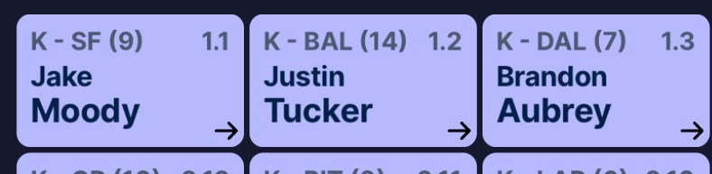 WCCarter13's tweet photo. @SleeperNFL I can’t believe I was such a fool and took Tucker at 1.02 and let Aubrey fall to 1.03 https://t.co/tIGVPW3qUB