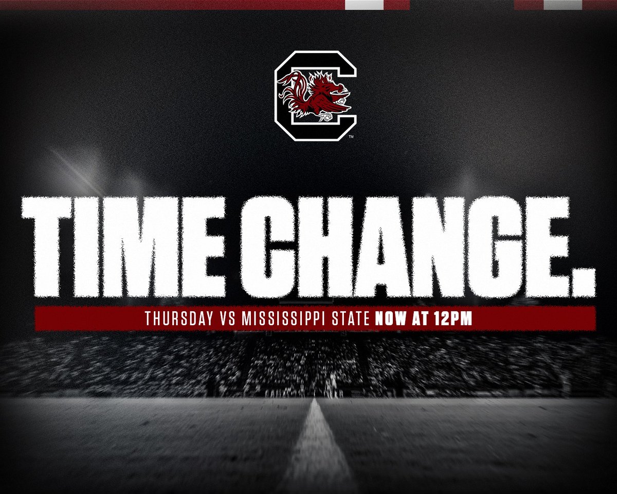 GamecockWSoccer's tweet photo. 🚨 TIME CHANGE 🚨

Due to impending weather - Thursday's kickoff with @HailStateSOC  is now slated for NOON ⏰ https://t.co/QX2fMy2GpI