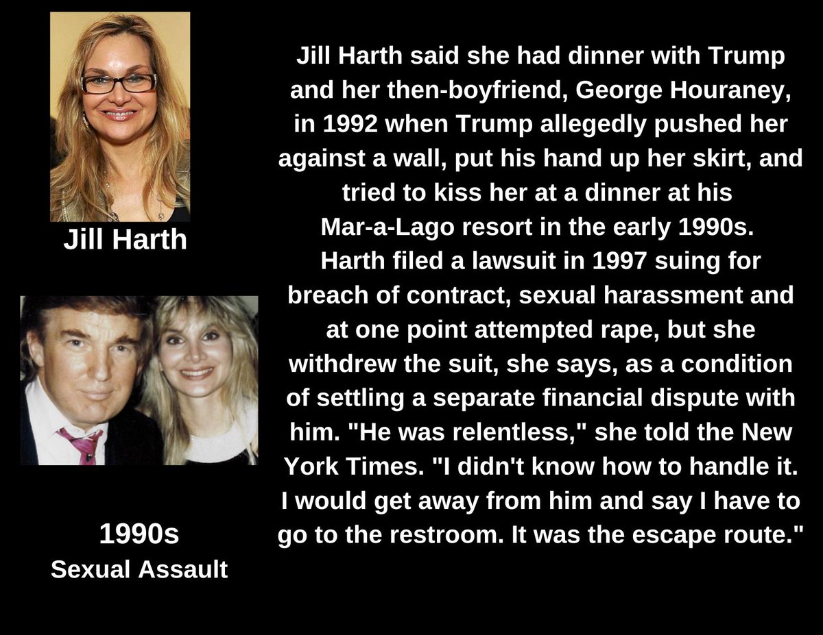 postcards4USA's tweet photo. Jill Harth, a businesswoman, told The Guardian in July 2016 that Trump pushed her against a wall, put his hand up her skirt & tried to kiss her at a dinner at his Mar-a-Lago resort in the early 1990s.
Interview from August 2016 https://t.co/FUbDgEogd0
#TrumpSexualAssault #26Women https://t.co/G8GDvZYQzu